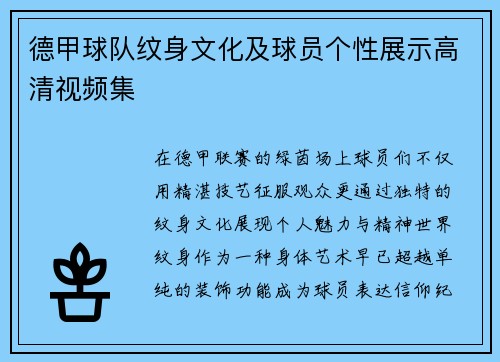 德甲球队纹身文化及球员个性展示高清视频集