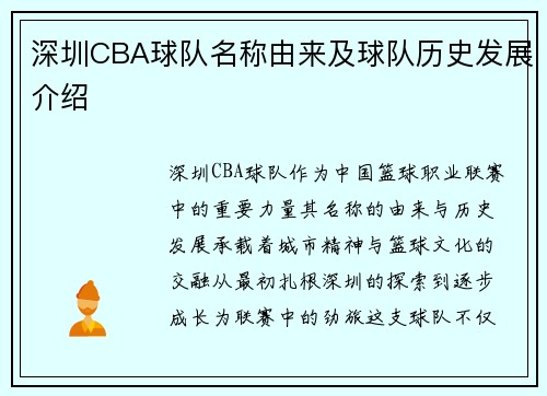 深圳CBA球队名称由来及球队历史发展介绍